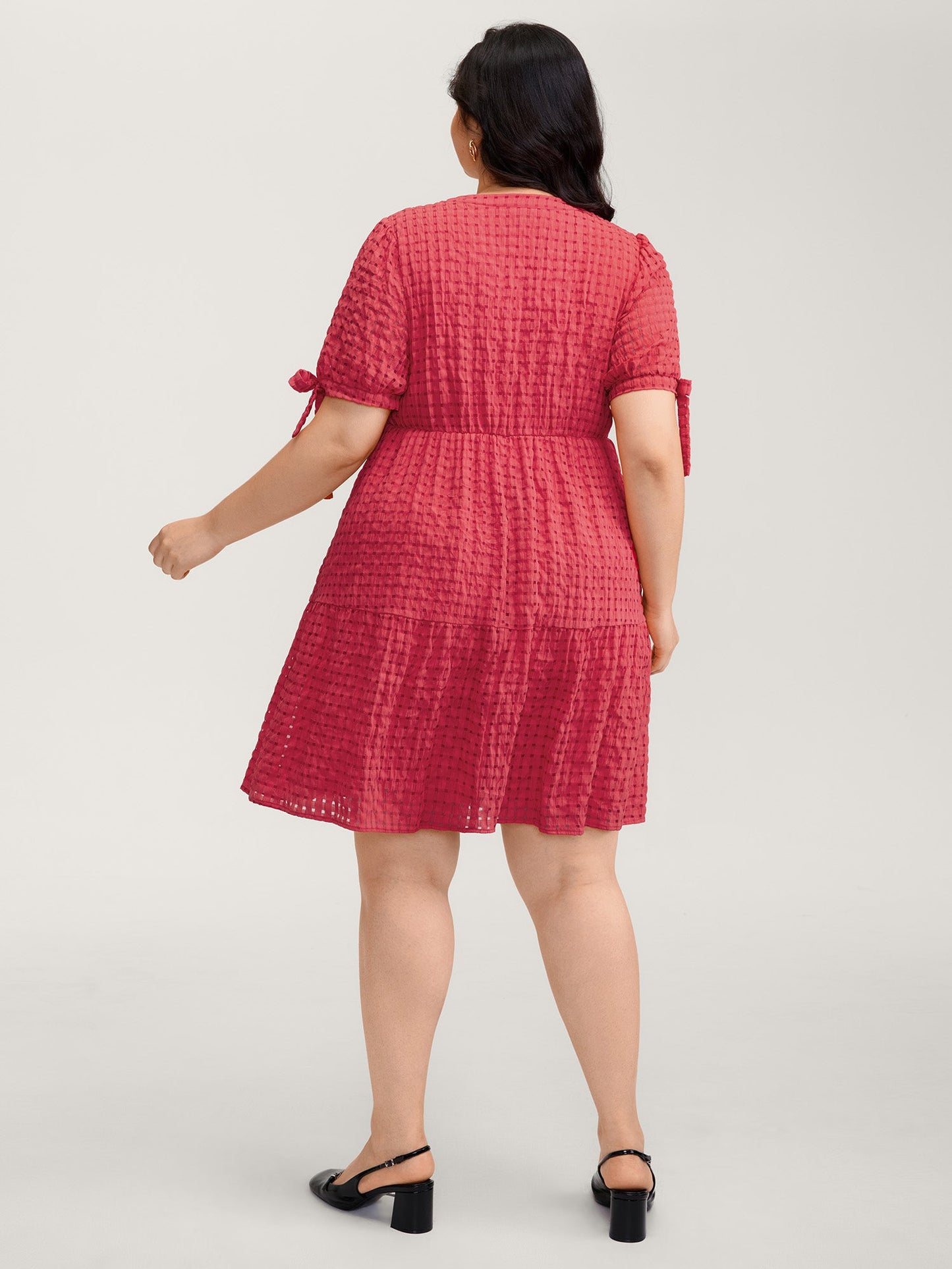 Check Textured Knot Sleeve Knee-Length Dress
