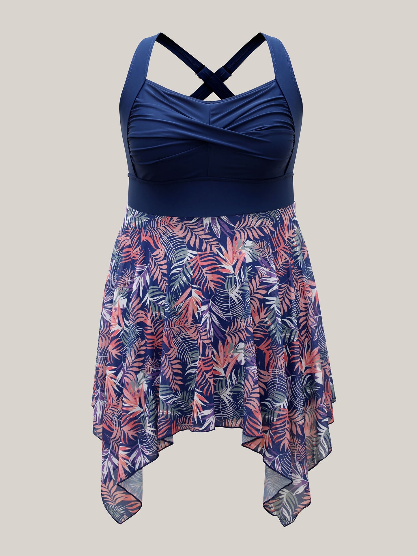 Tropical Print Mesh Twist Front Swim Dress
