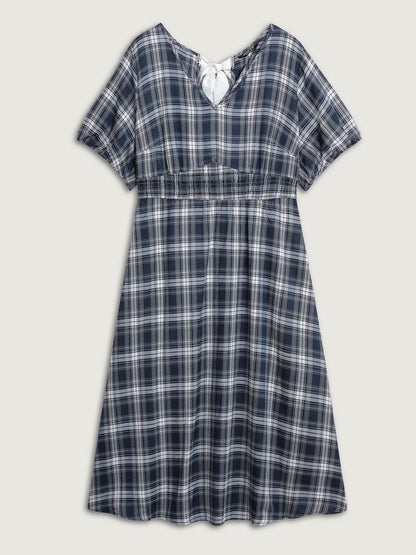 Plaid Print Back Bowknots Contrast Midi Dress