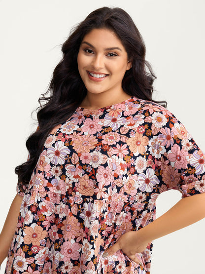 Floral Print Stretchy Waist Babydoll Top