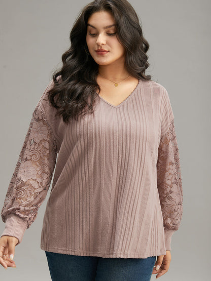 Lace Panel V Neck Lantern Sleeve Sweatshirt