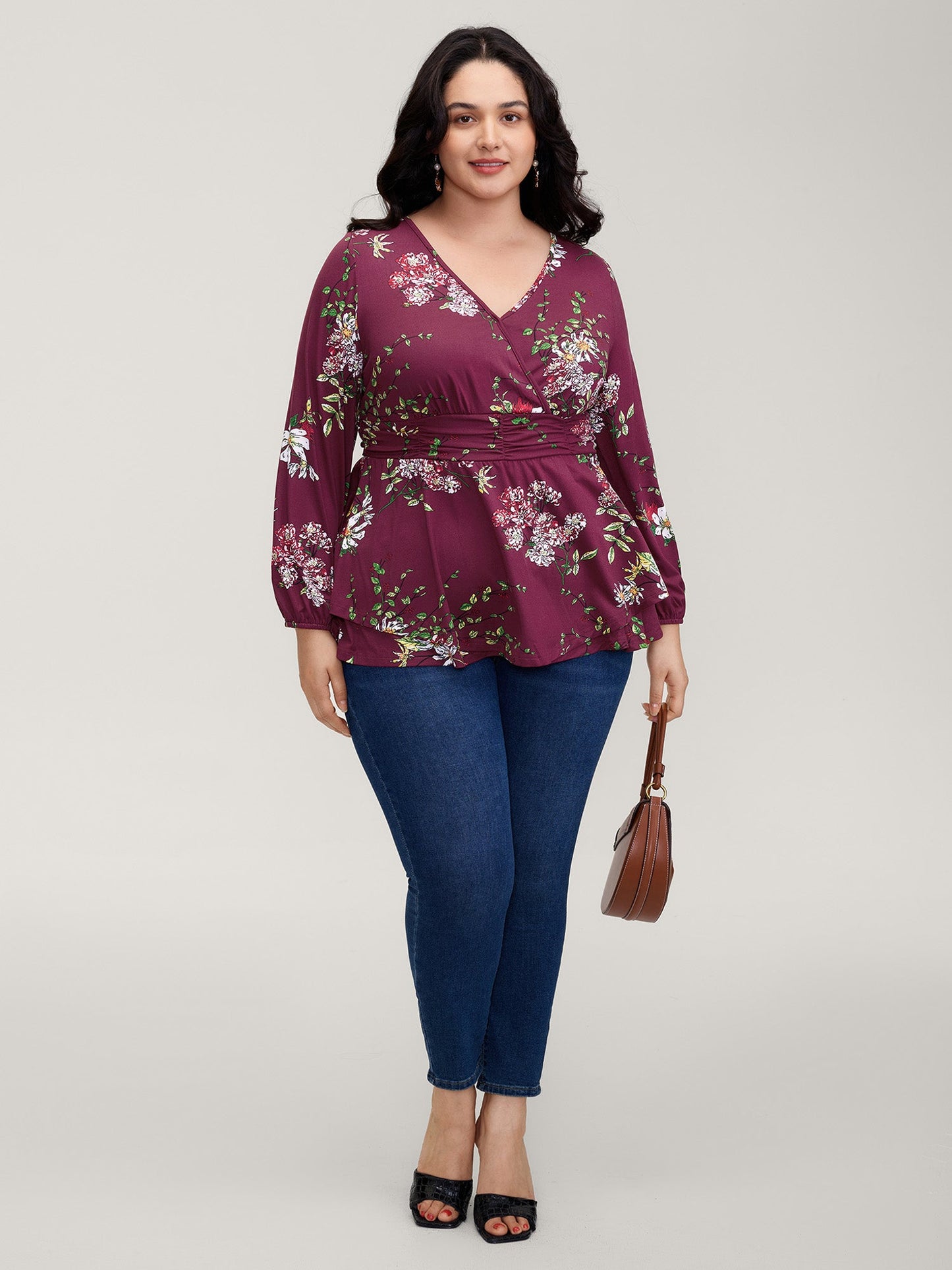 Floral Pleated Waist Stretchy Knit Top