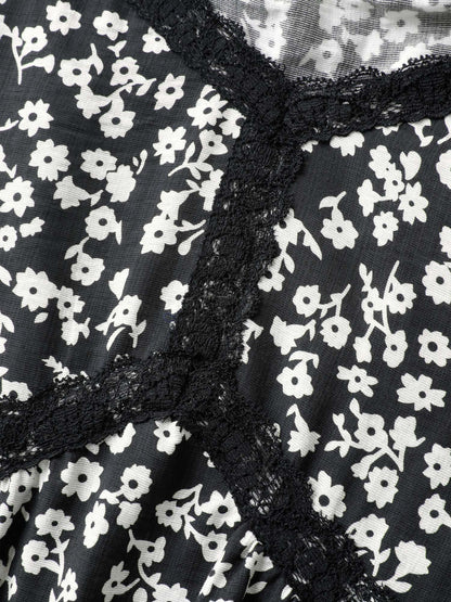 Ditsy Floral Print Lace Detail Midi Dress