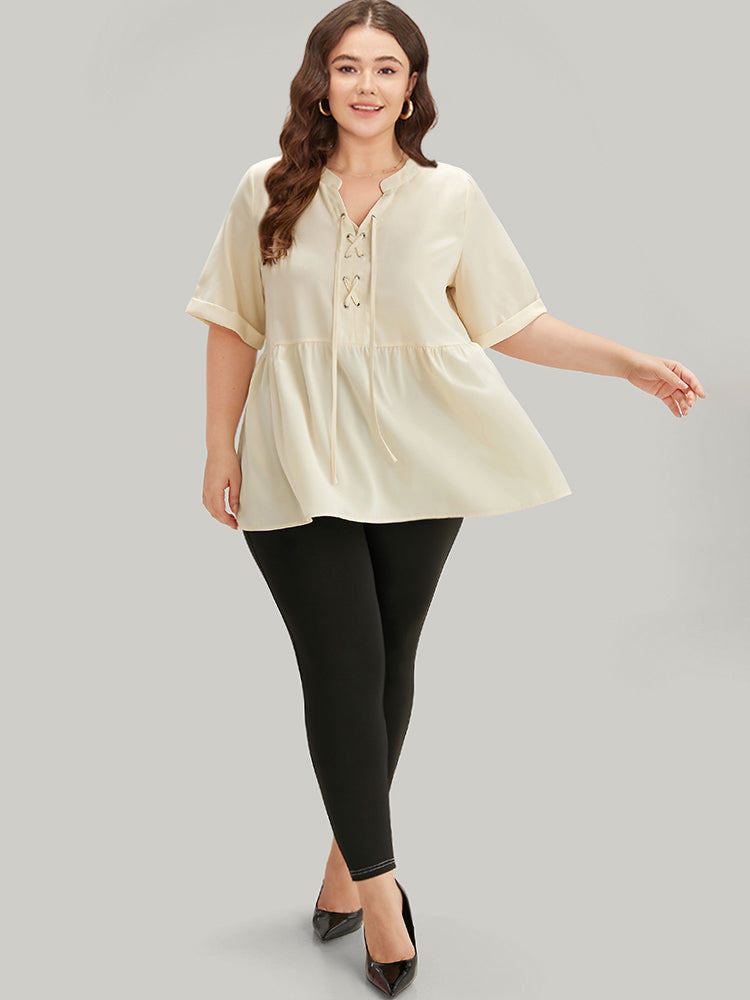Anti-Wrinkle Lace Up Notched Gathered Blouse