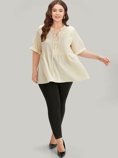 Anti-Wrinkle Lace Up Notched Gathered Blouse