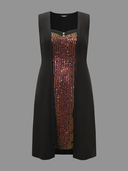 Vest-Style Sequin Patchwork Elastic Waist Dress