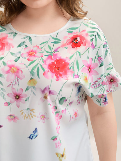 Floral Bodice Round Neck Flared Blouse
