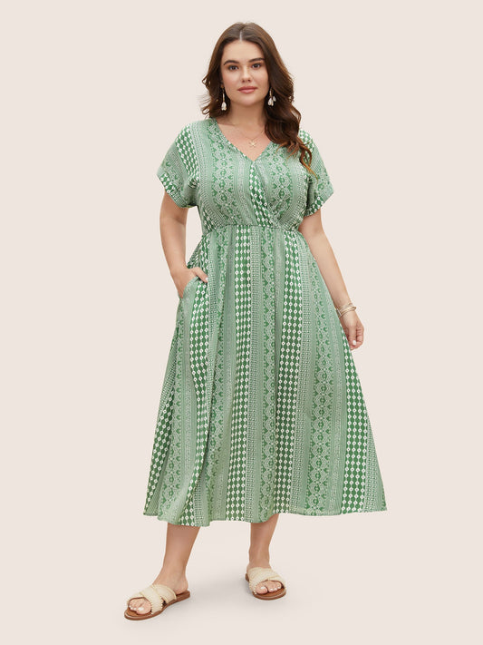 Boho Print Overlap Collar Dolman Sleeve Dress