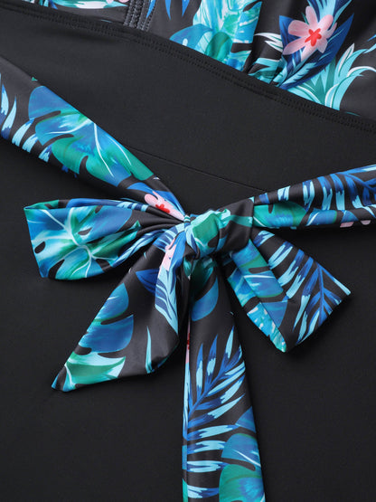 Floral Print Spliced Ruffled Straps Swim Dress