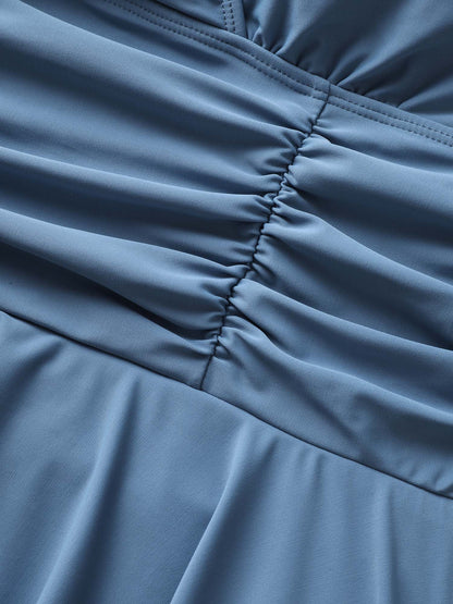 Plain Overlap Collar Ruched Swim Dress