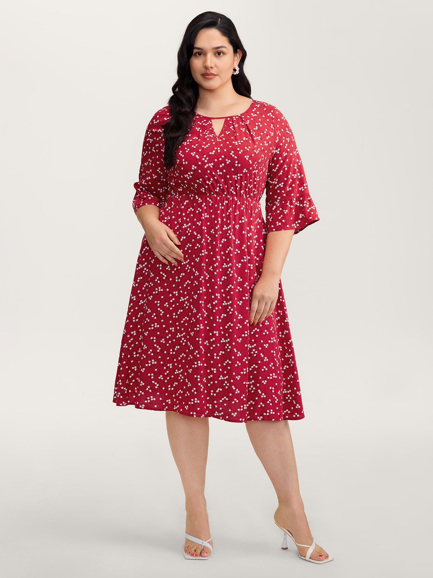 Floral Print Shirred Cut-Out Neck Midi Dress