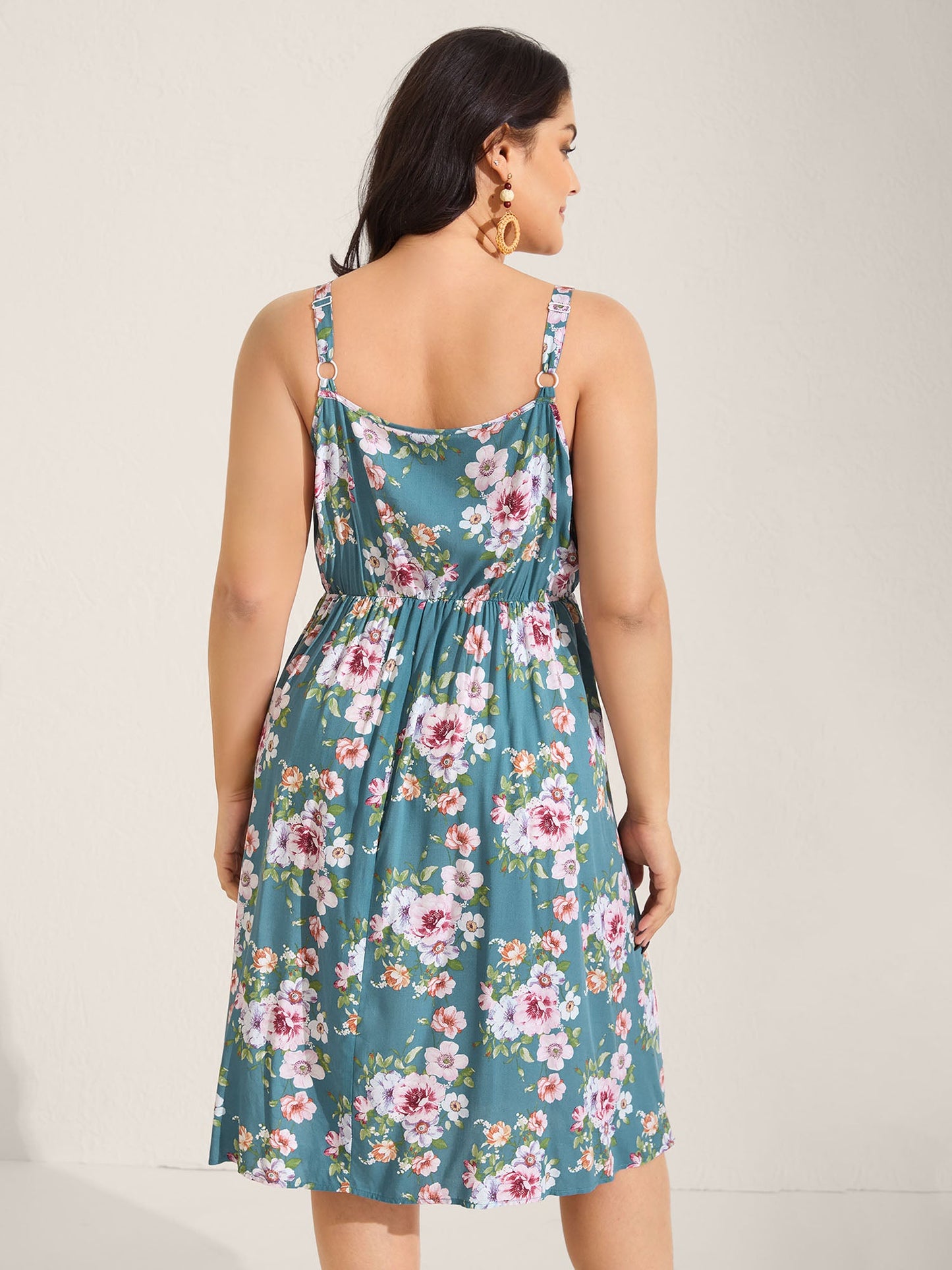 Large Floral Print Cinched-Waist Midi Dress