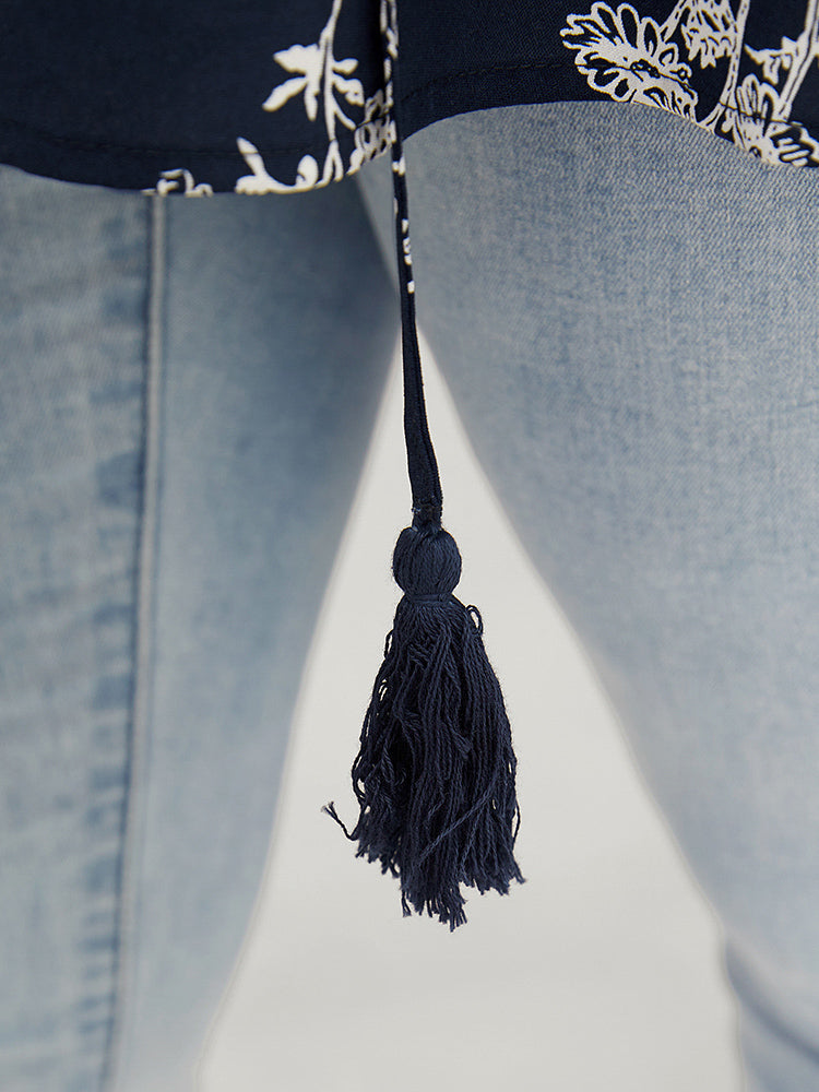 Floral Tassels Tie Neck Contrast Lace  Blouse
