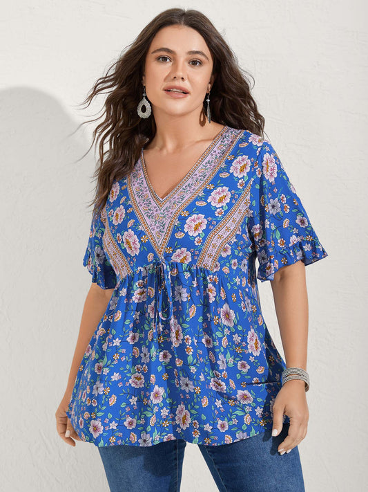 Asymmetrical Floral Print V-Neck Blouse