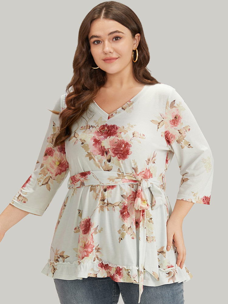 Floral Print Belted Frill Trim T-shirt