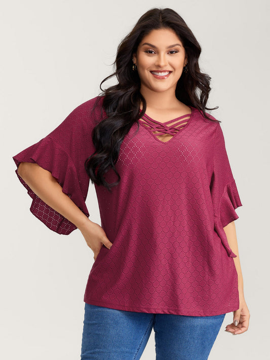 Ruffled Sleeve Textured Cut-Out Neck T-Shirt