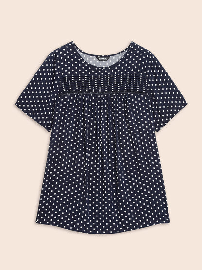 Polka Dot Split Hem Pleated Blouse