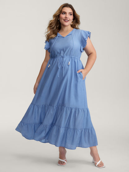 Flutter Sleeve Flowy Waist Drawstring Maxi Dress