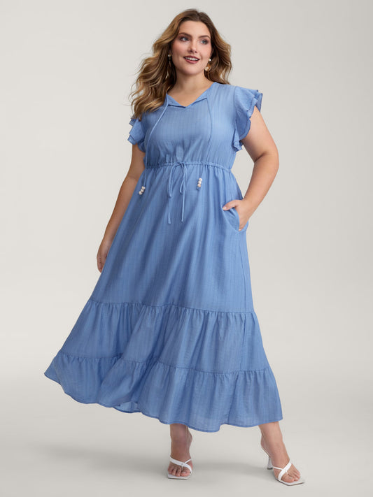 Flutter Sleeve Flowy Waist Drawstring Maxi Dress