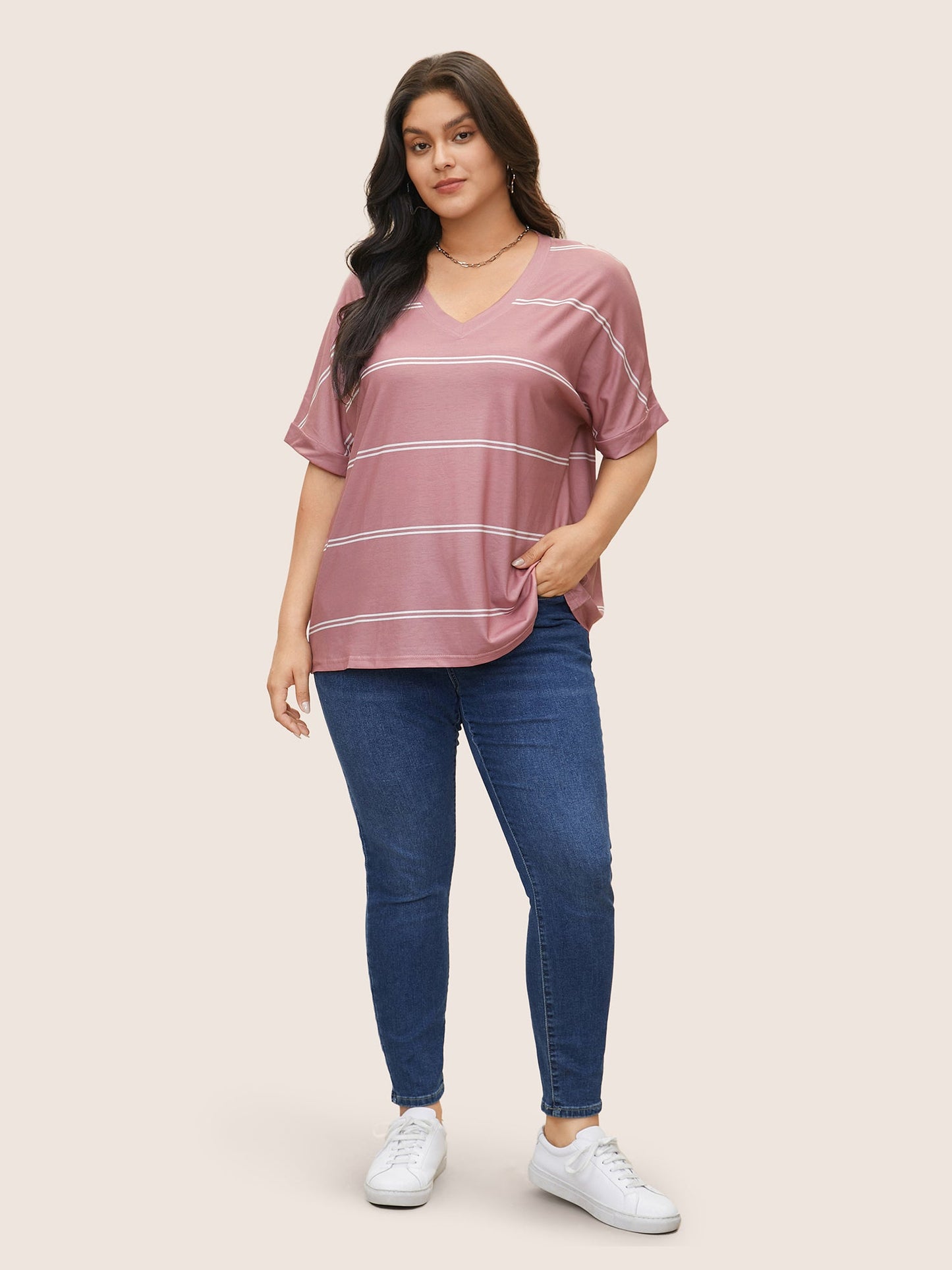 Striped Contrast Dolman Sleeve T-shirt