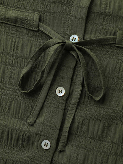 Textured Tab Sleeve Waist Drawstring Blouse