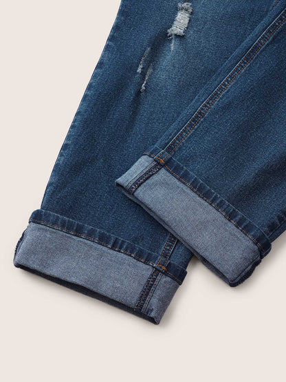 Roll Hem Ripped Pocket Straight Leg Cropped Jeans