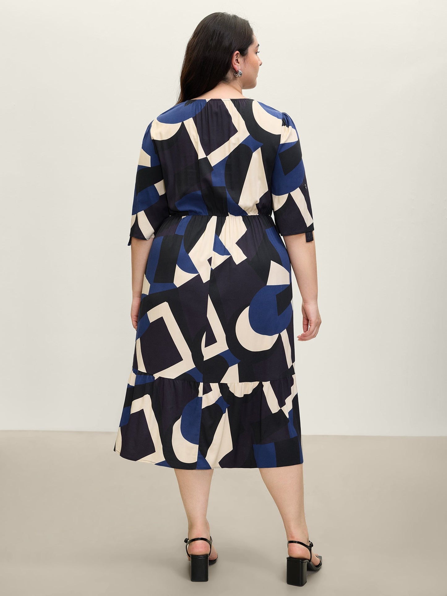 Geometric Print Stretchy Waist Cuffed Midi Dress