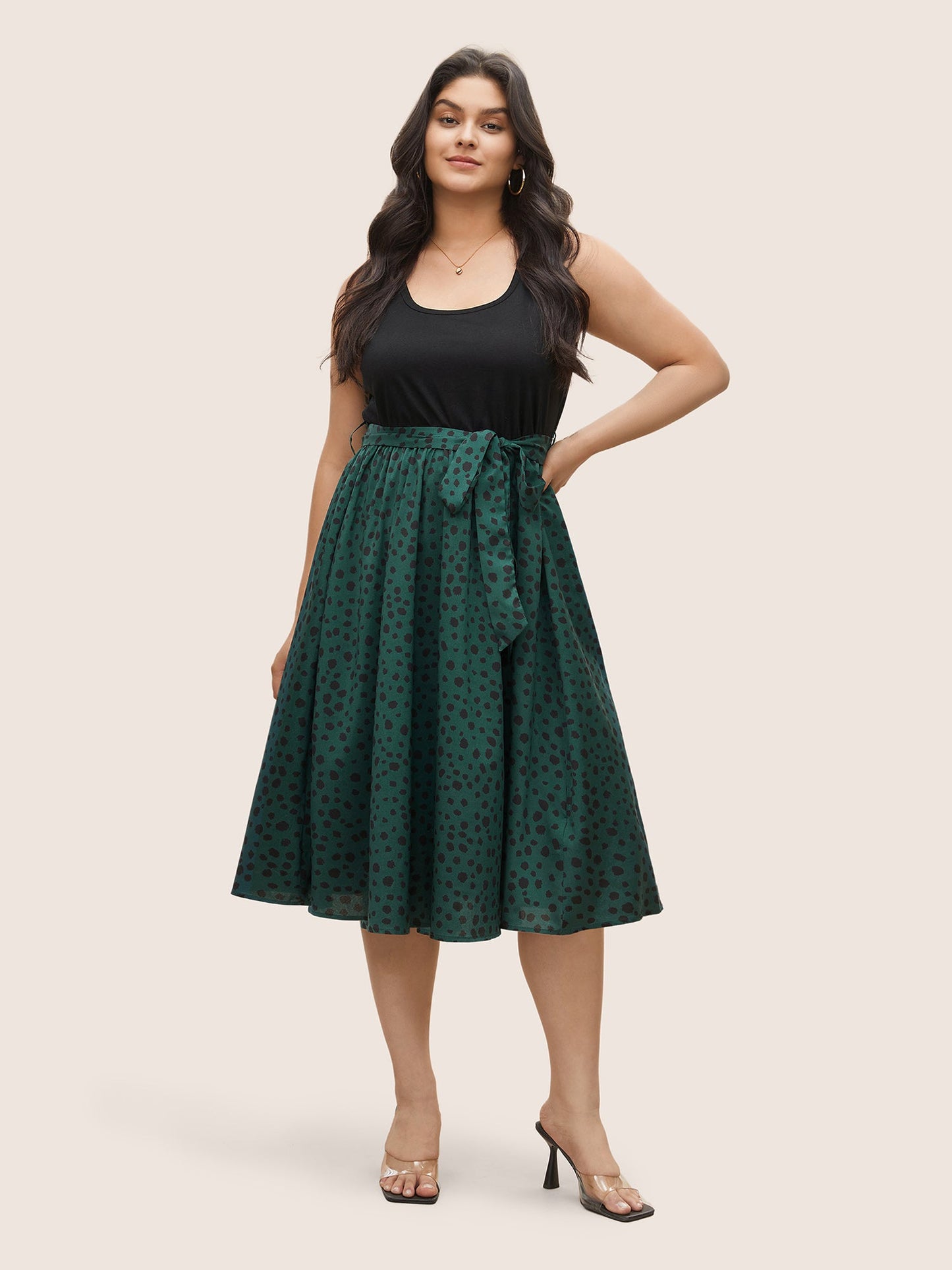 Scoop Neck Leopard Patchwork Belted Dress