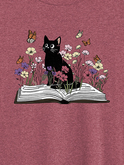 Bookish Cat Printed Round Neck T-Shirt