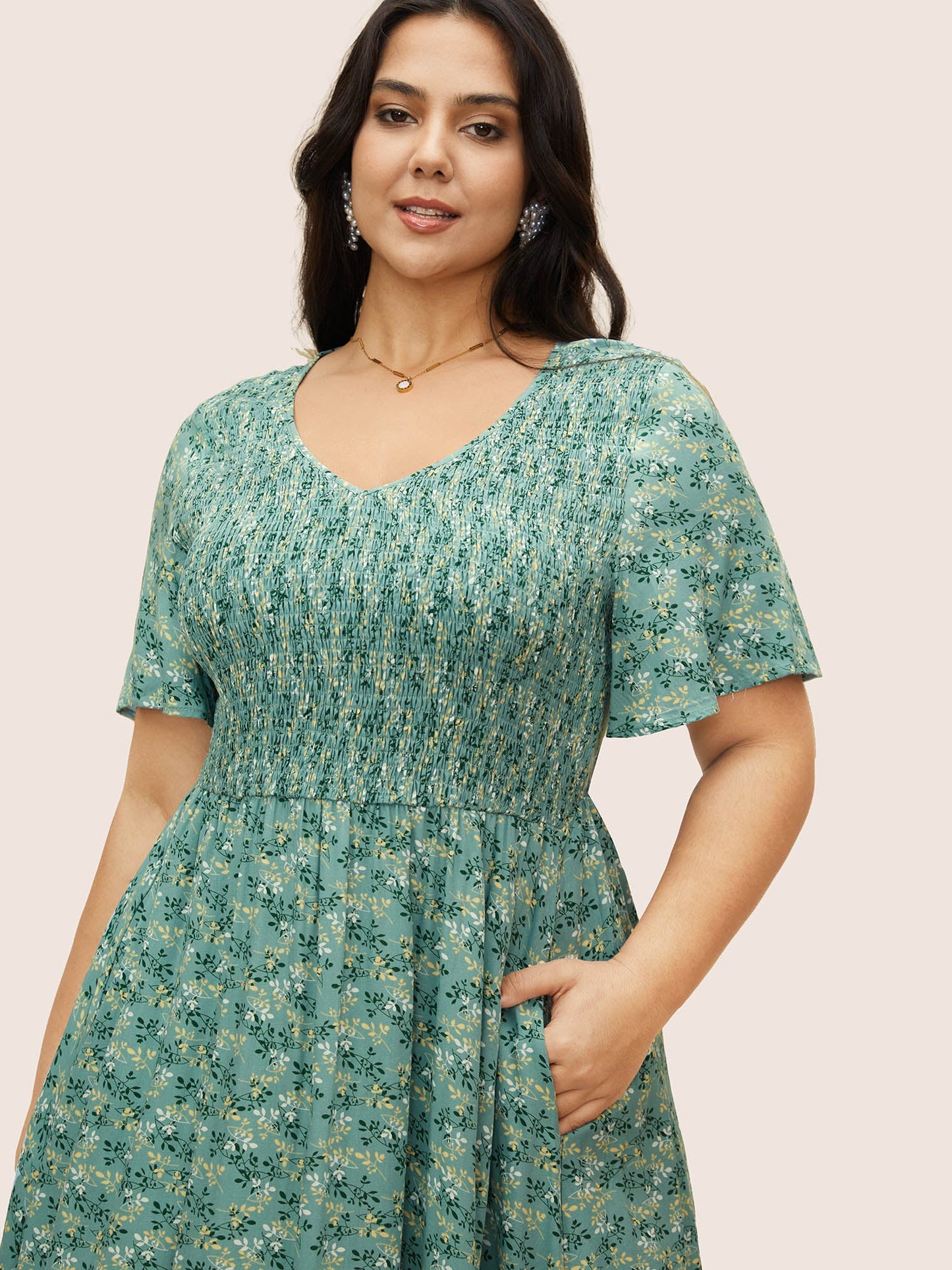 Rayon Ditsy Floral V Neck Shirred Dress