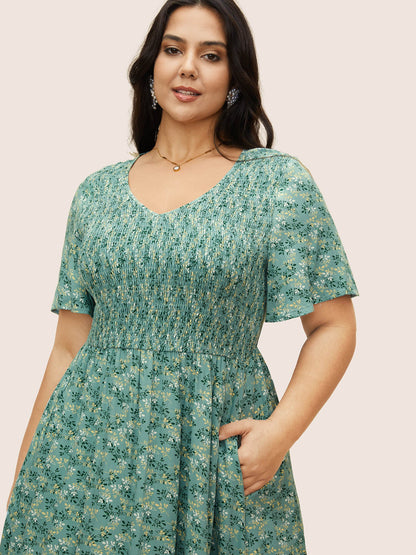 Rayon Ditsy Floral V Neck Shirred Dress