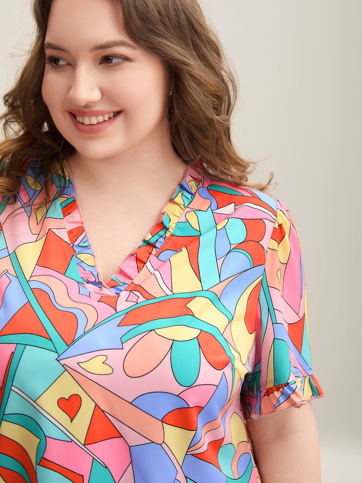 Abstract Pattern Petal Trim V-Neck Blouse