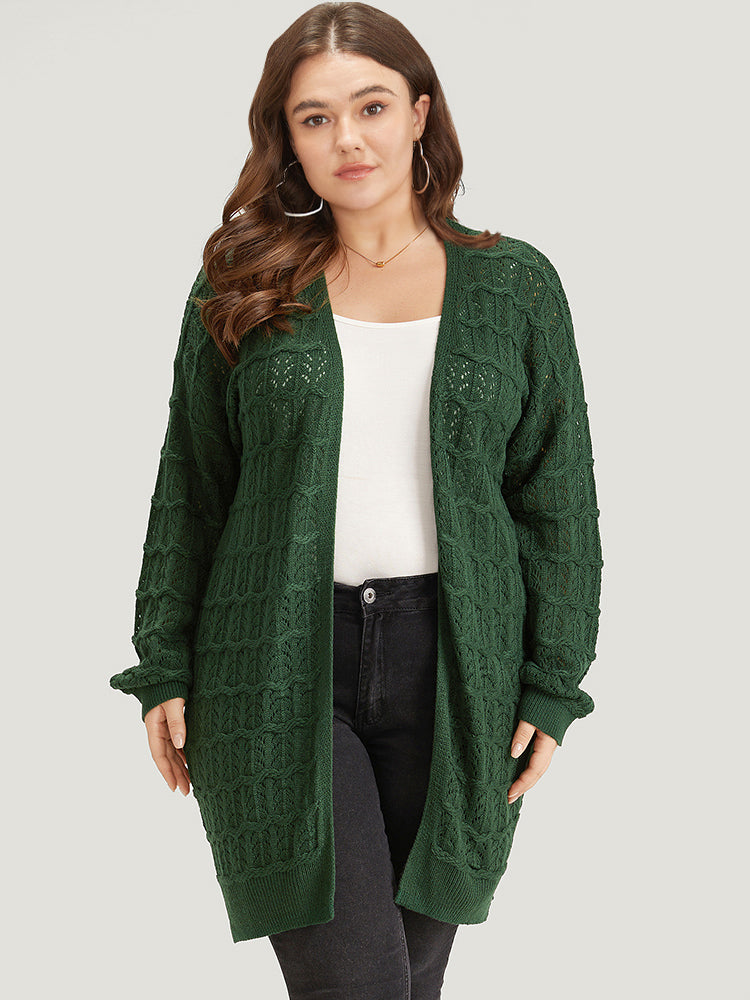 Plain Geometric Eyelet Cable Knit Tunic Cardigan