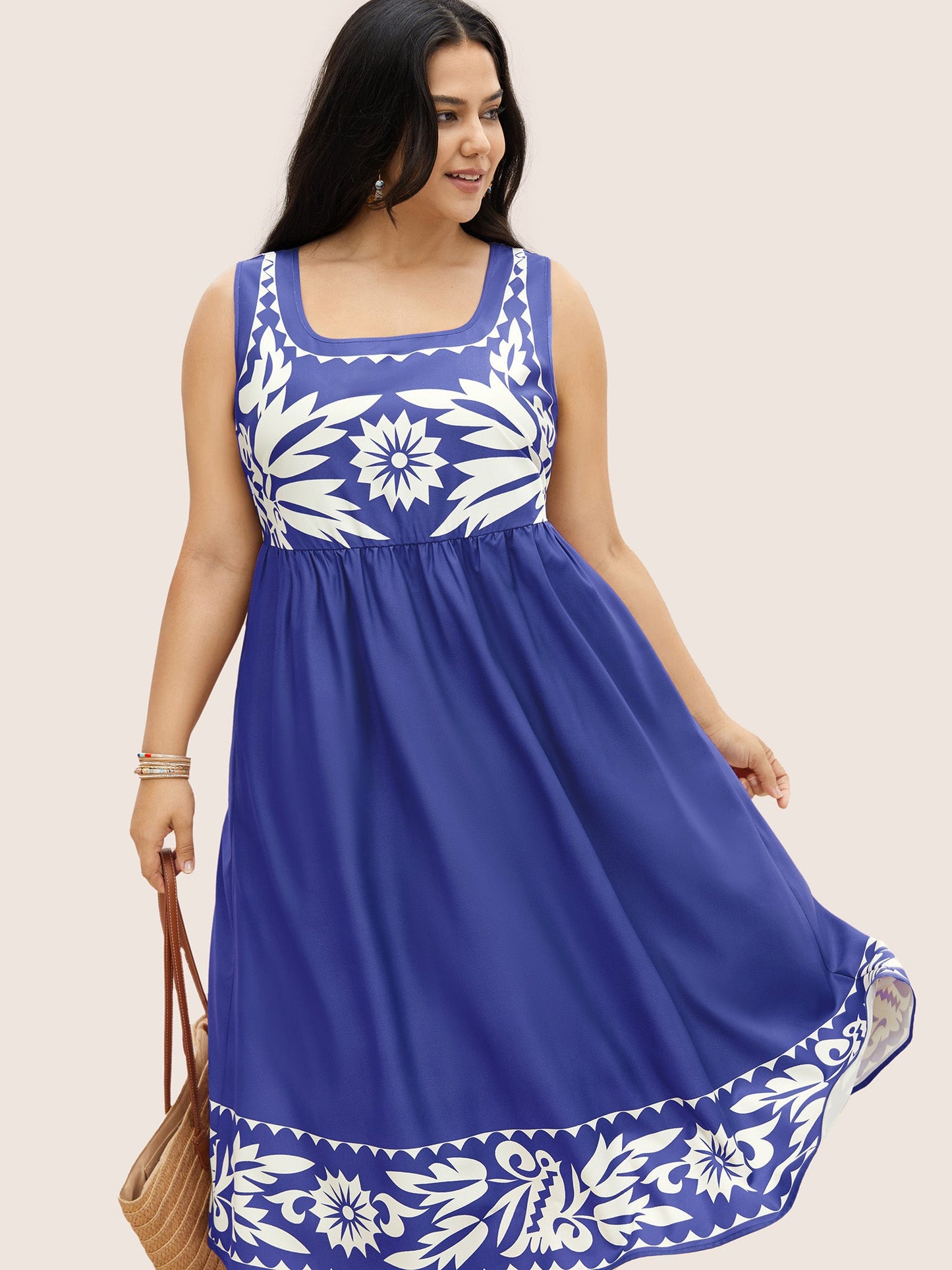 Boho Print Square Neck Elastic Waist Tank Dress