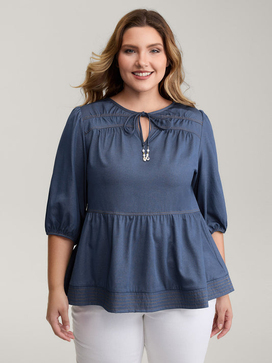 Relaxed-Fit Denim-Style Neck Tie Blouse
