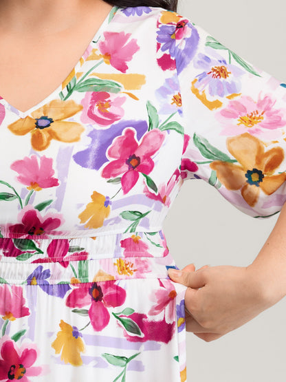 Bright Floral Print Pleated Waist Maxi Dress