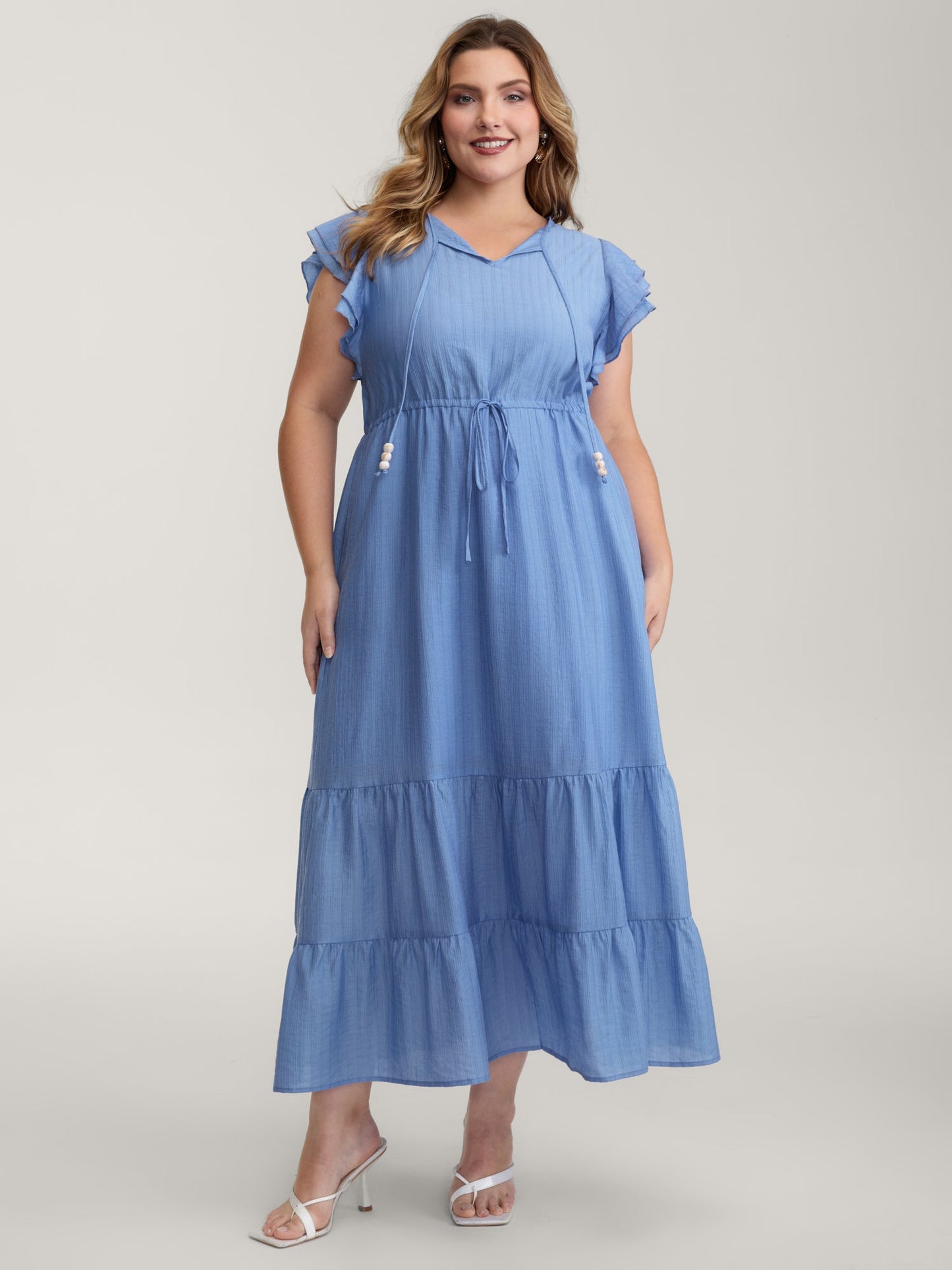 Flutter Sleeve Flowy Waist Drawstring Maxi Dress