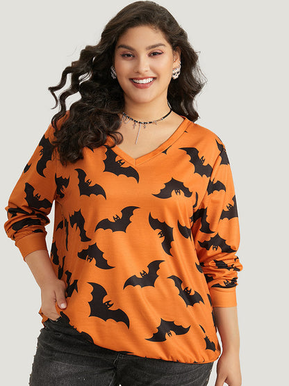 Halloween Bat Print V Neck Sweatshirt