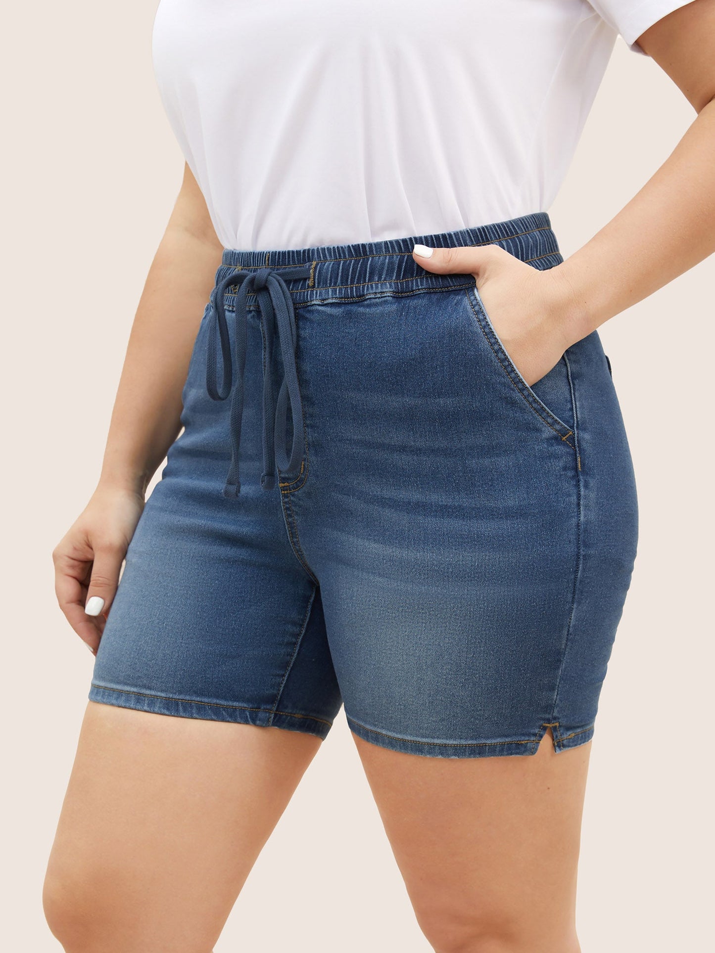 Light Wash Elastic Waist Drawstring Denim Shorts