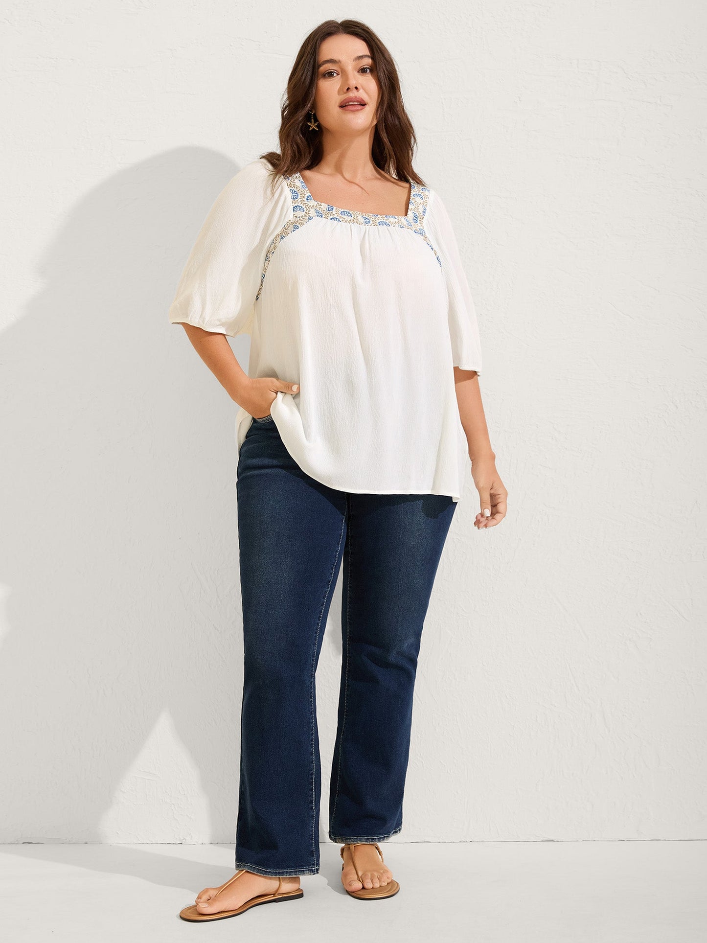 Boho Spliced Neck Pleated Plain Blouse