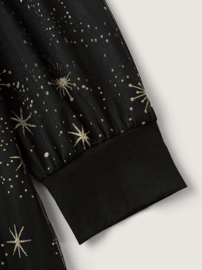 Star Moon Mesh Cinched-Waist Midi Dress