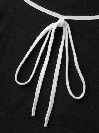 Neck Bow-Tie Contrast Pockets Midi Dress