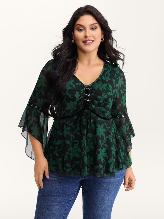 Floral Print Adjustable Bodice Mesh Top