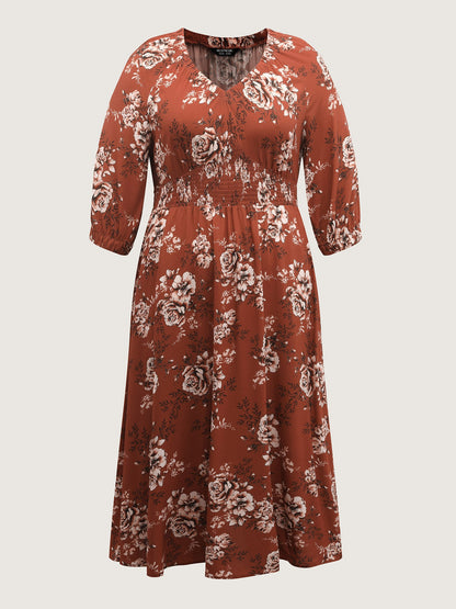 Floral Print Shirred Bust-Comfort Maxi Dress