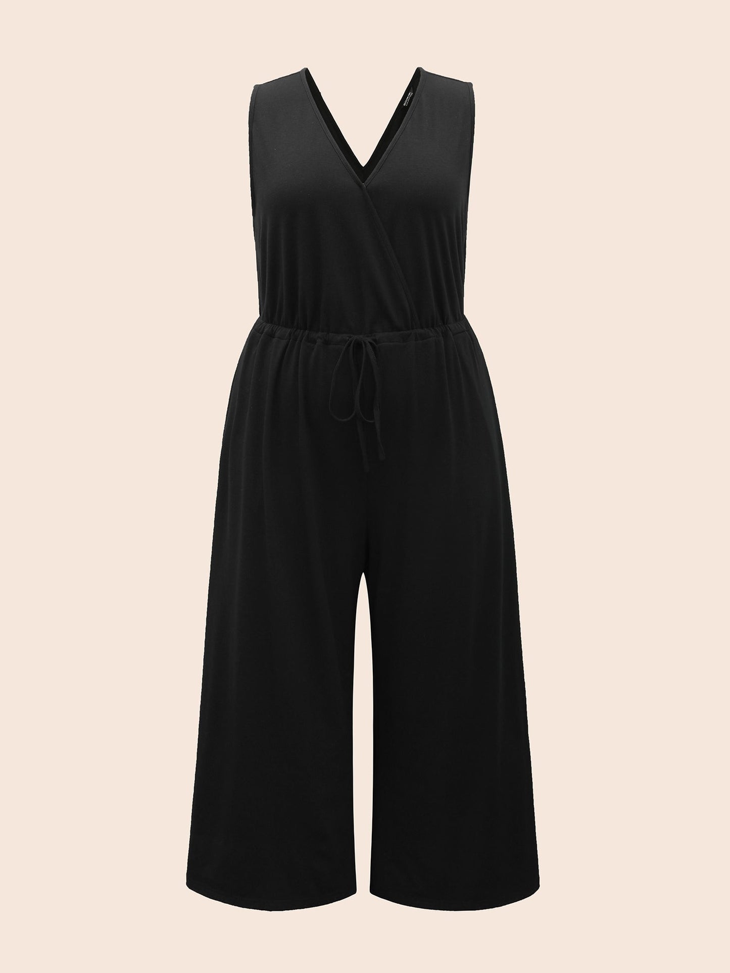 Solid Overlap Collar Drawstring Jumpsuit