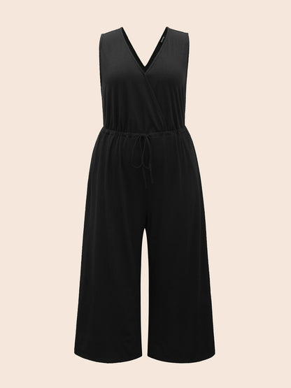 Solid Overlap Collar Drawstring Jumpsuit