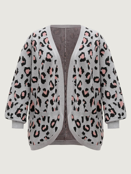 Leopard Print Arc Hem Pockets Knit Cardigan
