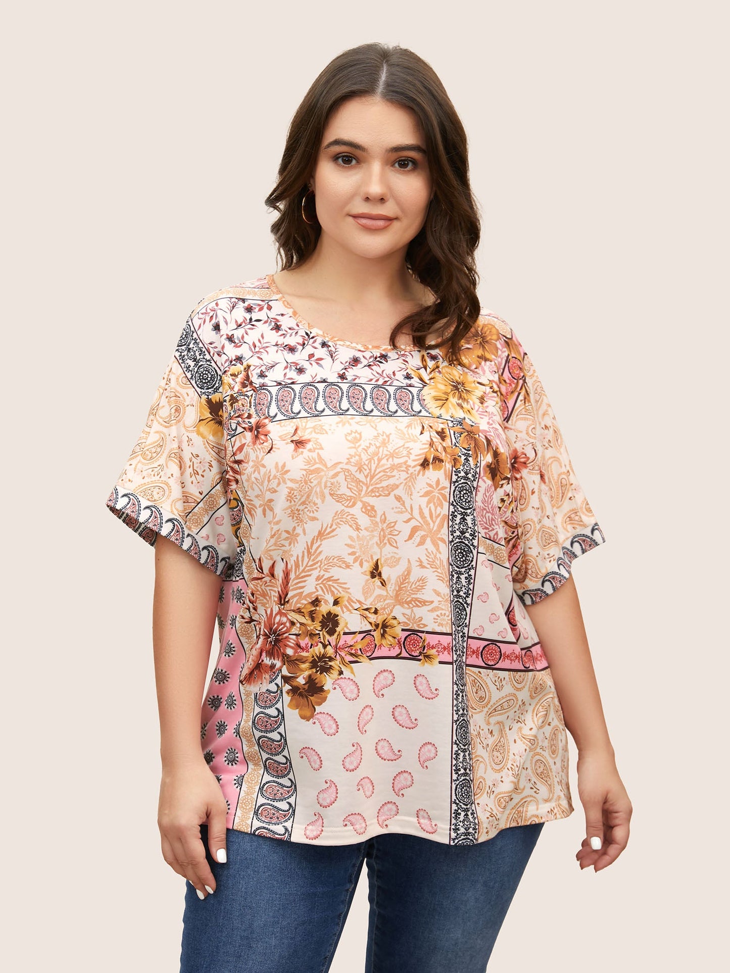 Round Neck Boho Print Patchwork T-shirt