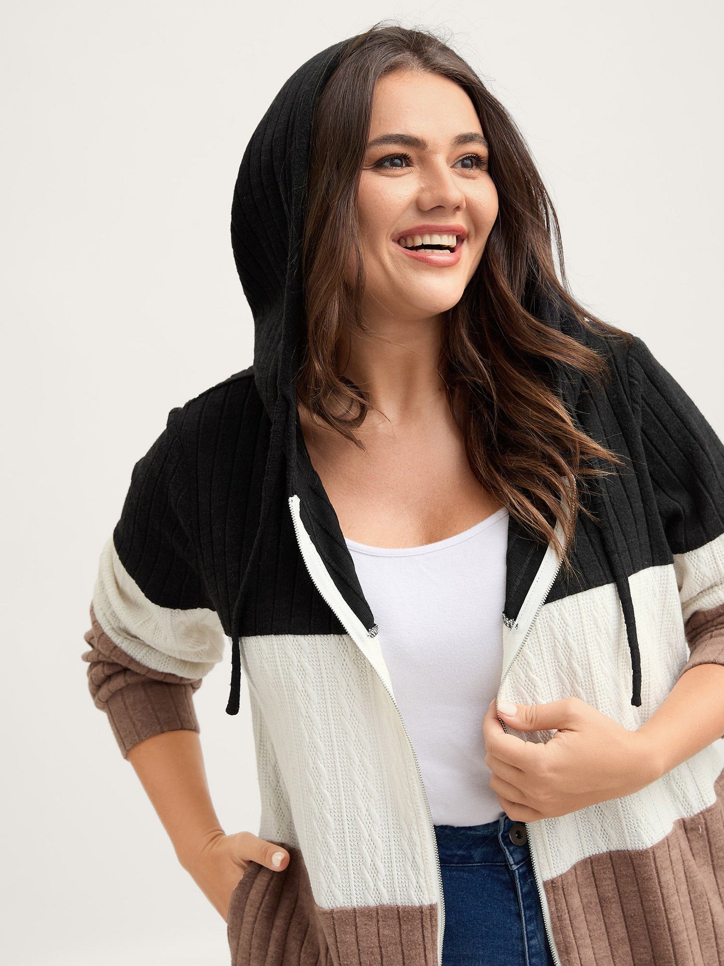 Textured Color Contrast Zipper Hoodie