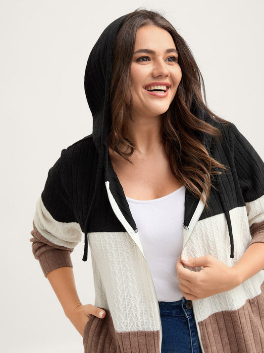 Textured Color Contrast Zipper Hoodie